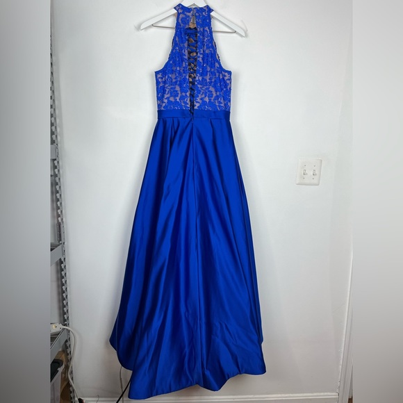 Jovani Blue Lace High Neck Lace Bodice Satin Long Dress Corset Back - Picture 4 of 16